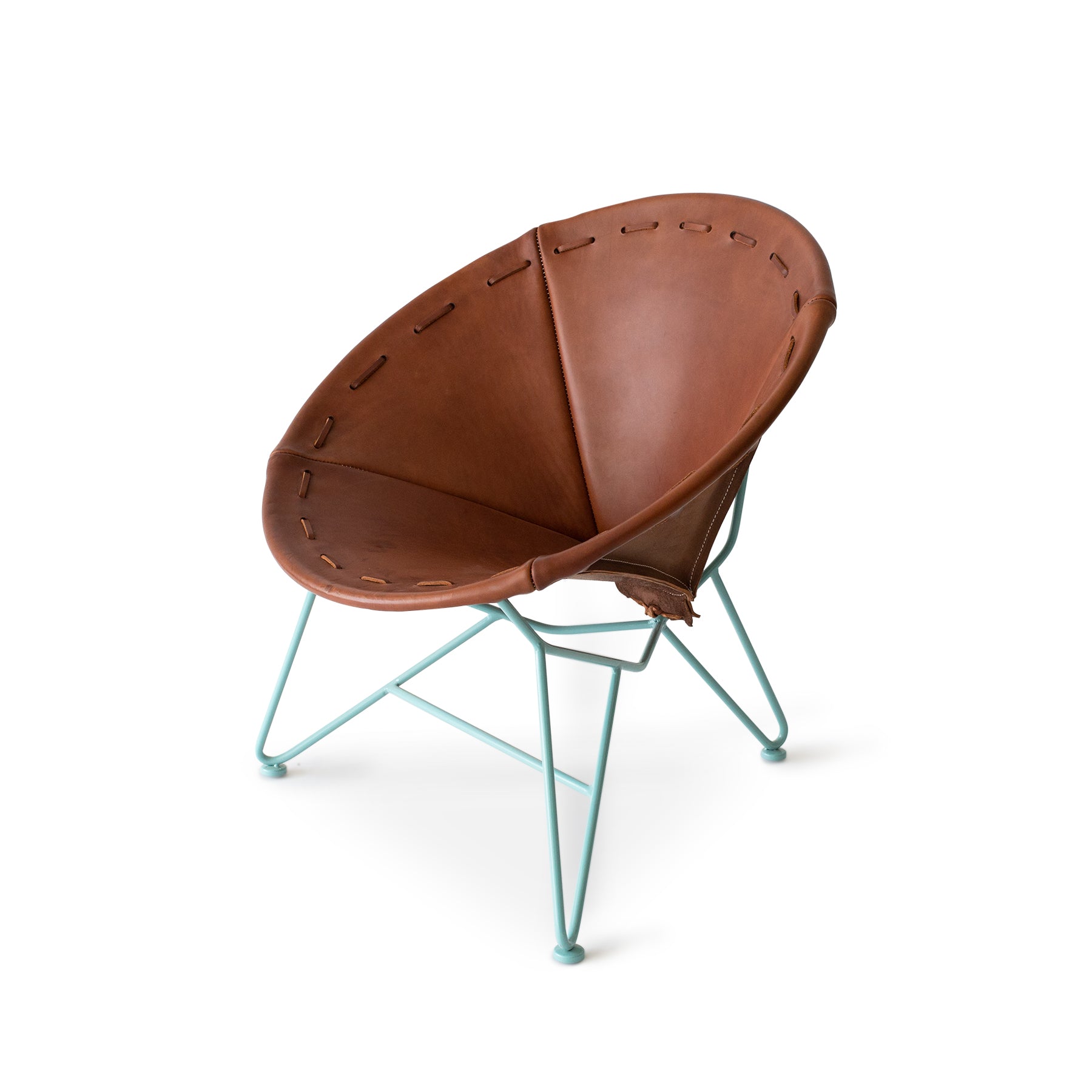 Saddle Leather Round Chair in Chocolate with Aqua Base Zoom Image 1