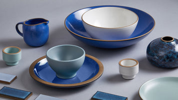 Heath Ceramics Bowls, Pitcher, Candleholders, Tiles, Vase in Blue Glazes