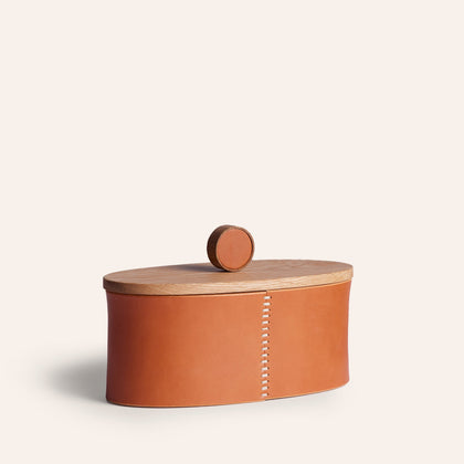 Oval Container in Oak and Tan Leather