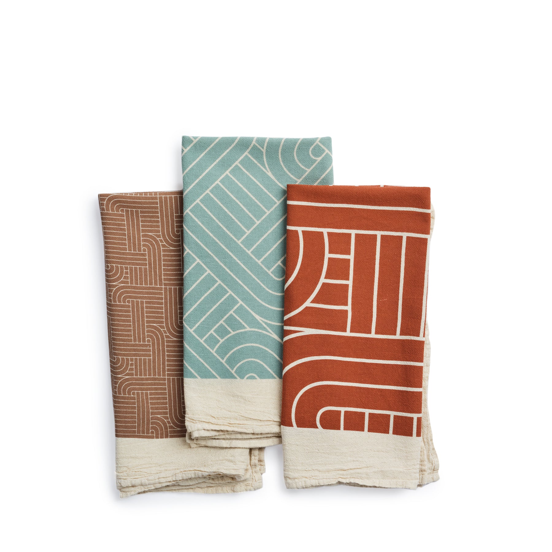 Chalet H Weave Tea Towels in Natural, Tomato, and Myrtle Green (Set of 3) Zoom Image 1