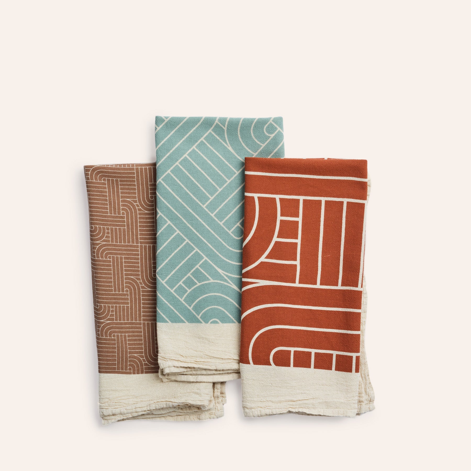 Chalet H Weave Tea Towels in Natural, Tomato, and Myrtle Green (Set of 3)