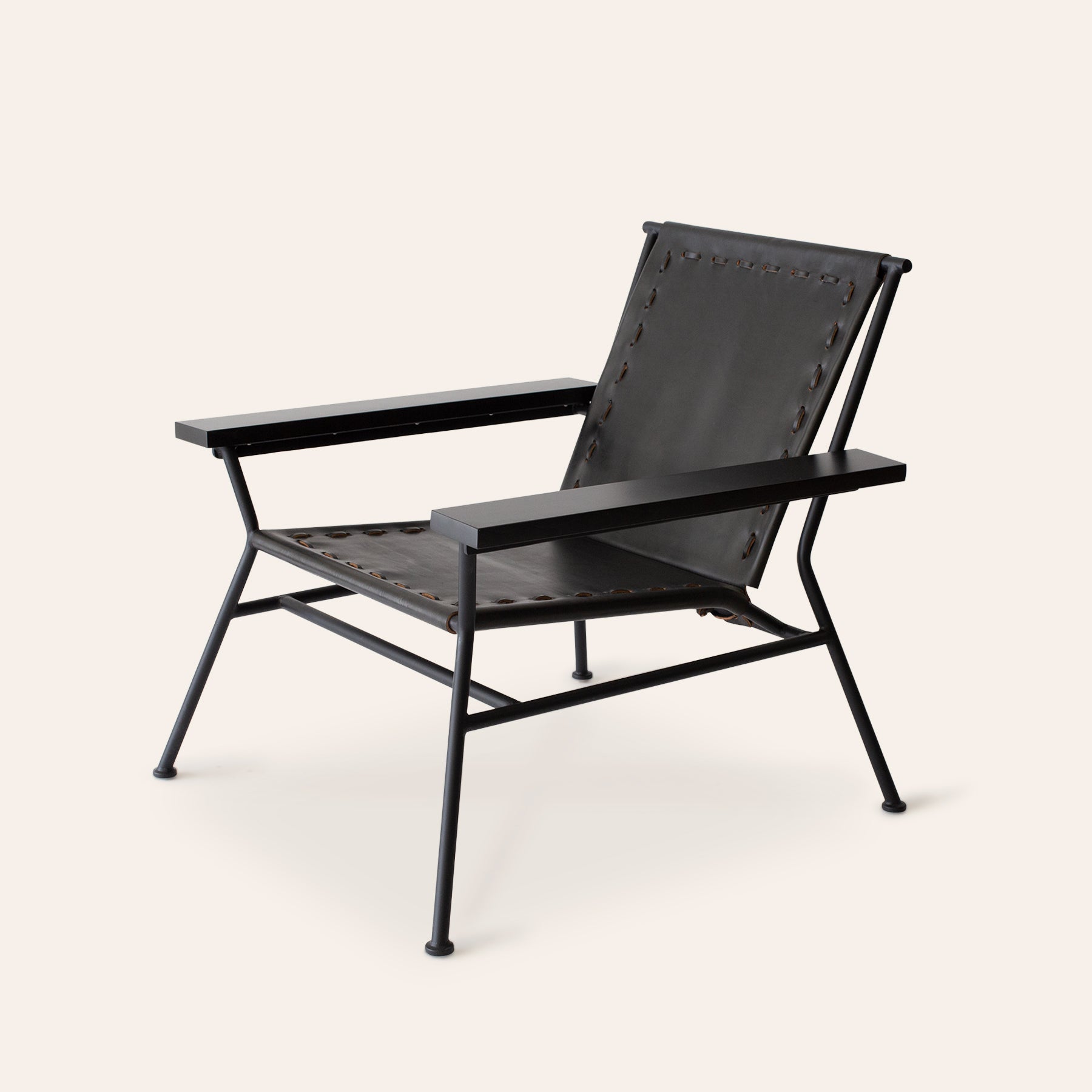 Saddle Leather Arm Chair in Black with Black Satin Base