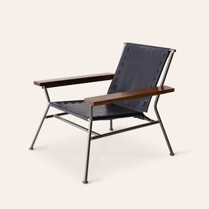 Saddle Leather Arm Chair in Blue with Natural Steel Base