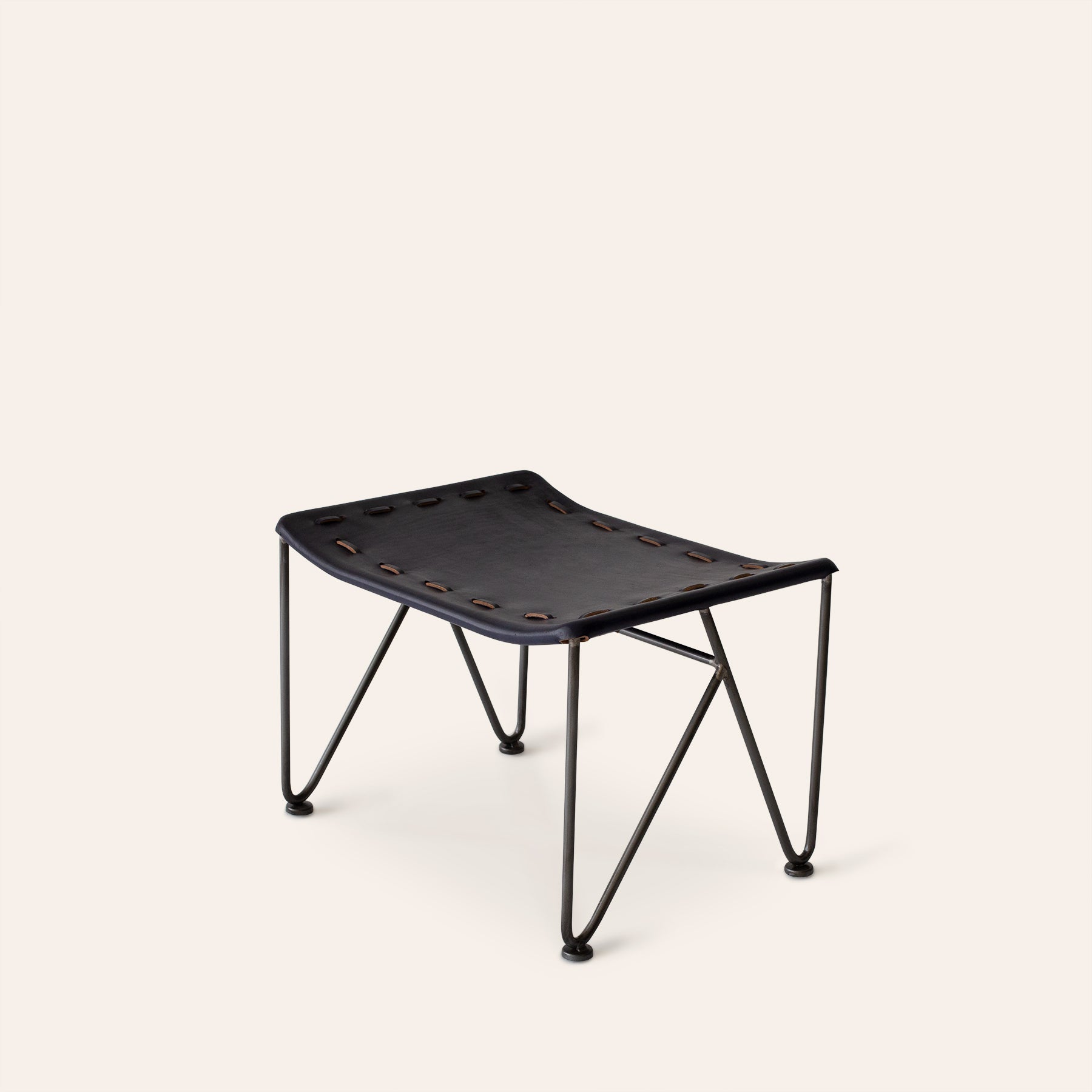 Saddle Leather Ottoman in Blue with Natural Steel Base