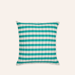 Cotton Check Square Pillow in Green & Off-White