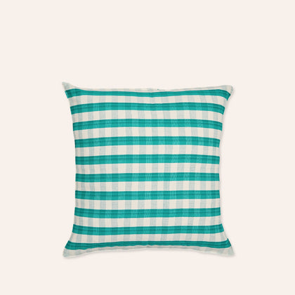 Cotton Check Square Pillow in Green & Off-White