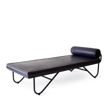 Saddle Leather Chaise in Blue with Dash Black Base