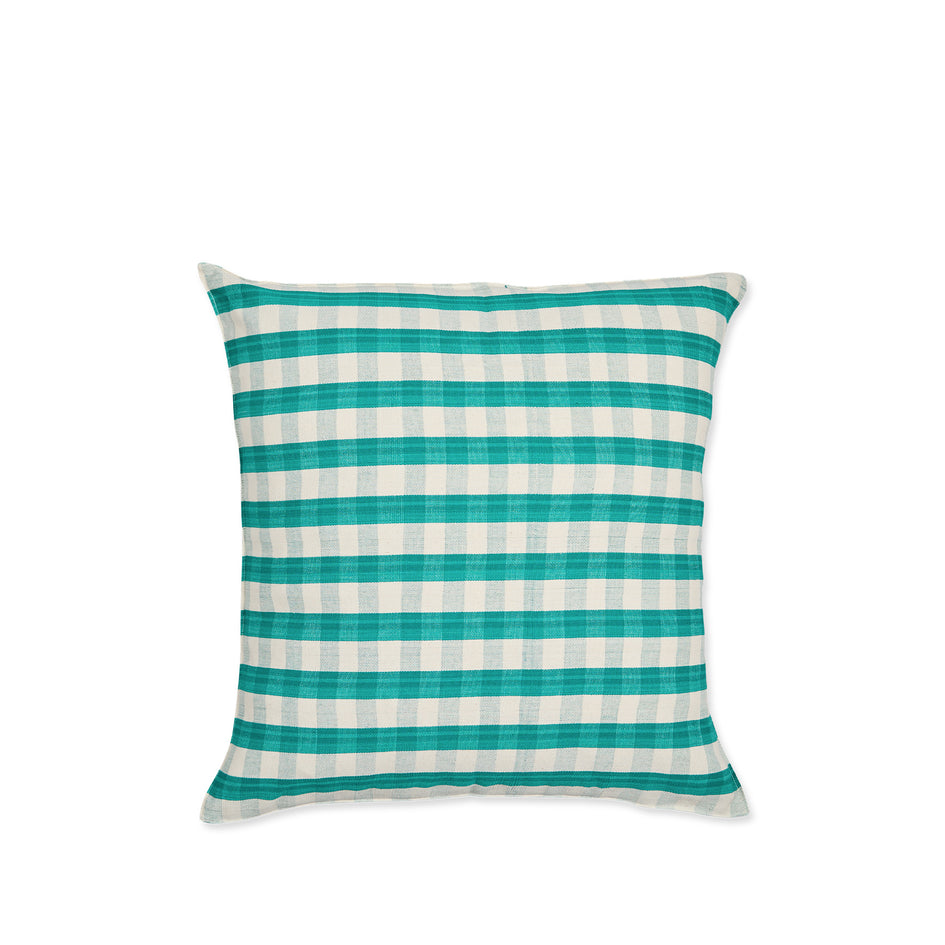 Cotton Check Square Pillow in Green & Off-White Image 1